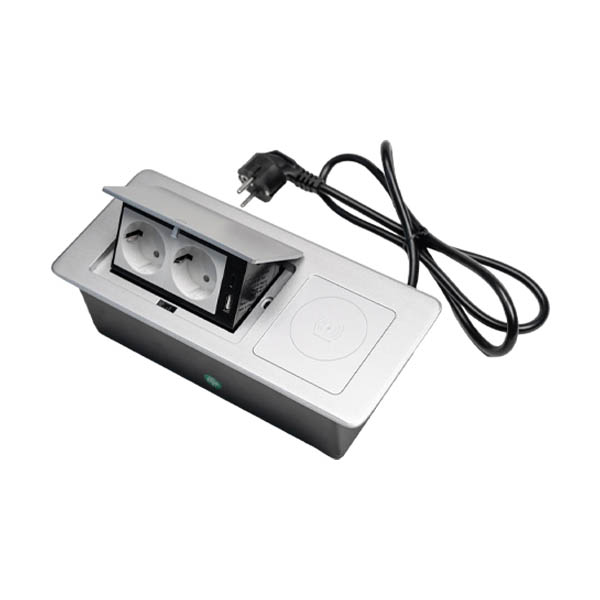 Shelbi STGW-4M-2S-1U1C-S Наст. бокс на 2 розетки 200В, 1 USB, 1Type-C, беспр. зарядка, 1,5 м, сереб