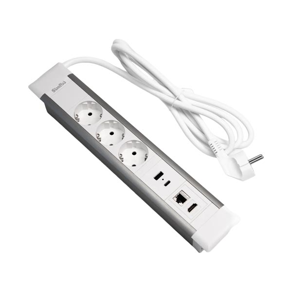 Shelbi SDO2-MULT10-S Наст. блок,  3 розетки 200В, 1 USB, 1Type-C, RJ45,HDMI, серебро